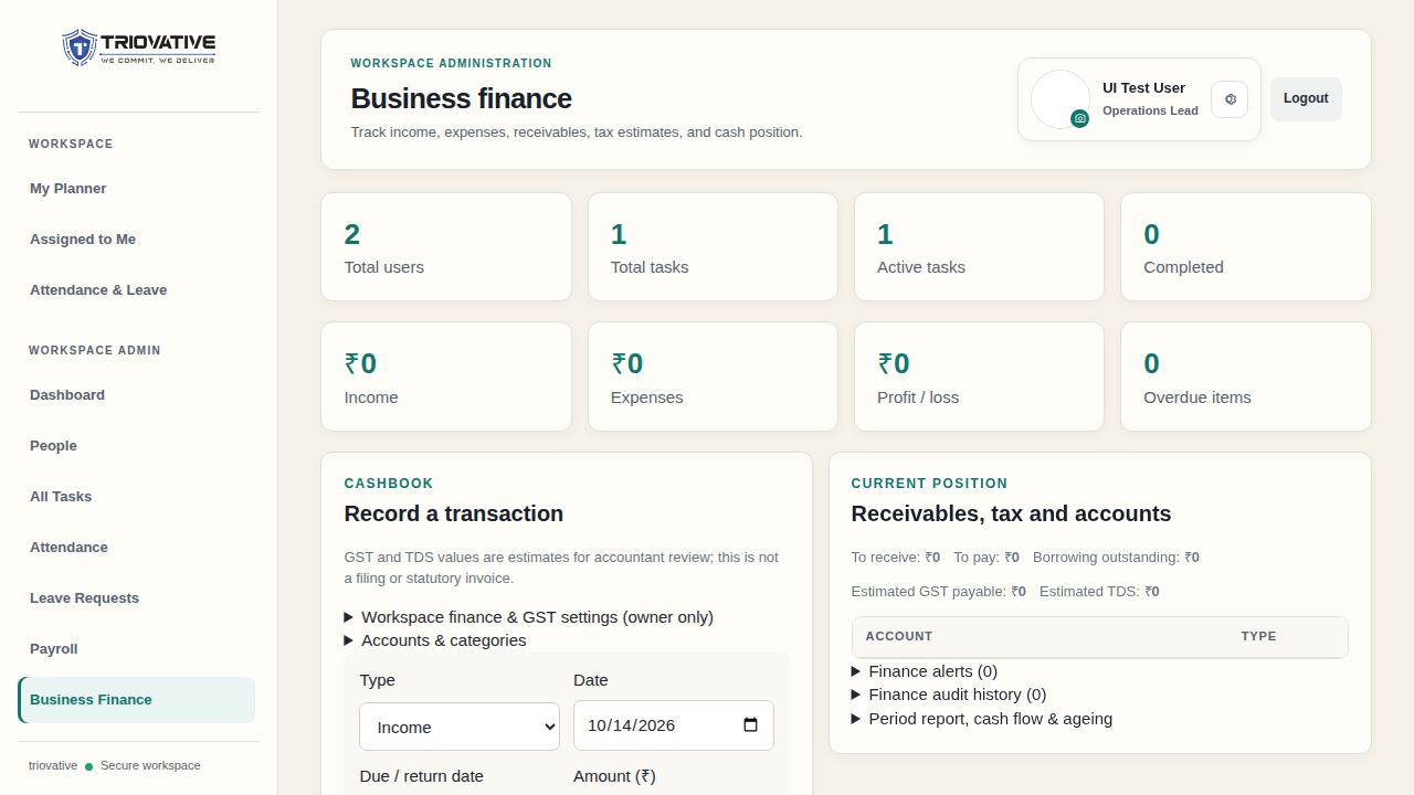 Business Finance transaction form in a sample workspace