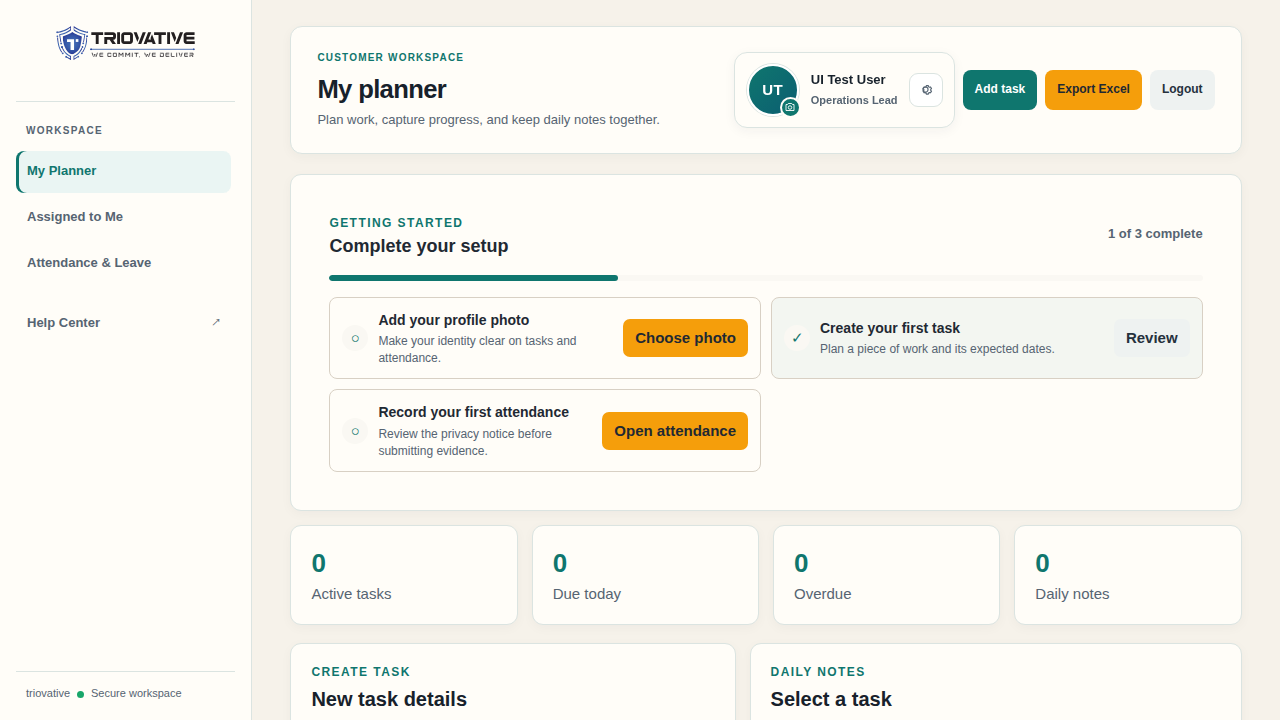 Example employee first-step checklist in a sample workspace