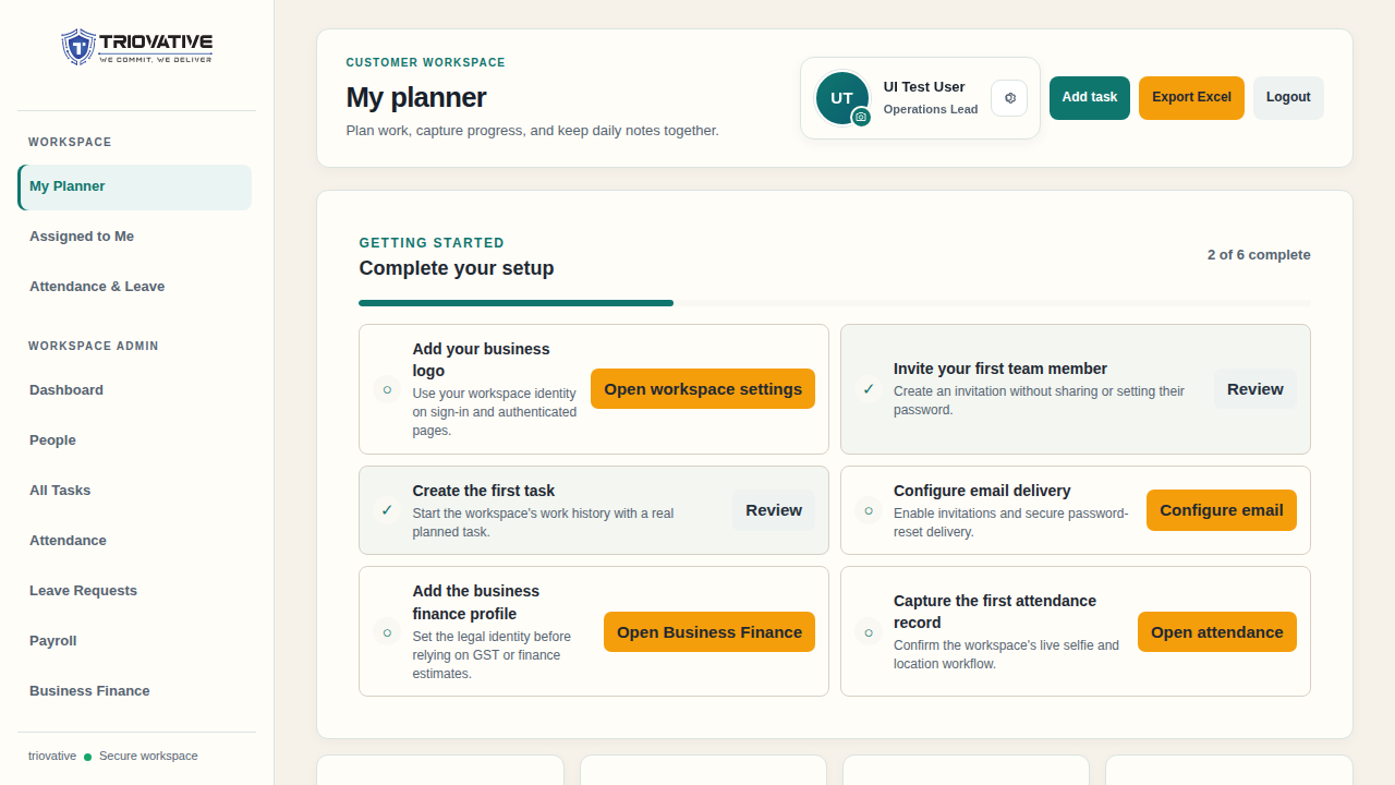 Example owner setup checklist in a sample workspace